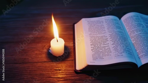 book and candle on wooden table in dim room – seamless loop
