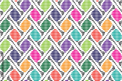 A decorative geometric pattern featuring colorful oval shapes in pink, green, orange, purple, and blue, interwoven with black lines on a white background.