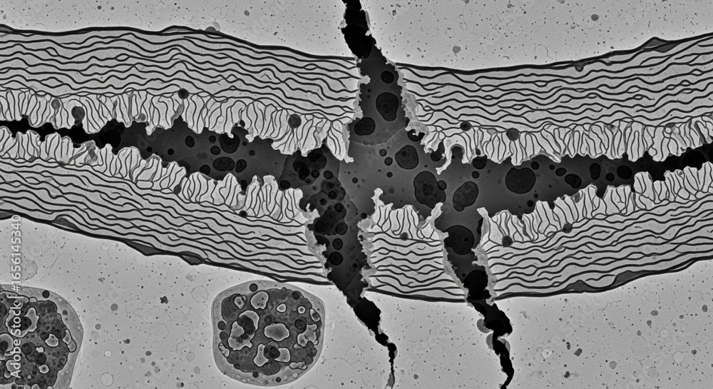 Obraz premium Abstract black and white microscopic view of a cracked and shattered biological membrane, a scientific electron micrograph