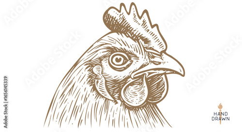 Chicken, farm hen sketch. Hand drawn. Vintage retro print hen, black drawing chicken, engrave old school style. Sketch artwork silhouette rooster, chicken, hen, white background. Vector Illustration