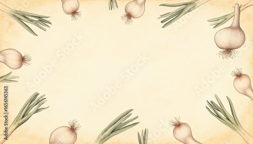 Scattered onion and green onion illustrations on textured background  