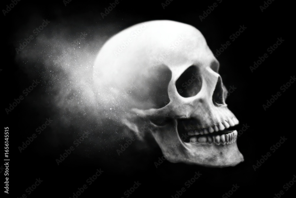 Obraz premium Mysterious Skull Dissolving into Particles in Dark Atmospheric Background.