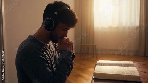 man praying with folded hands and headphones in front of a book – seamless loop

