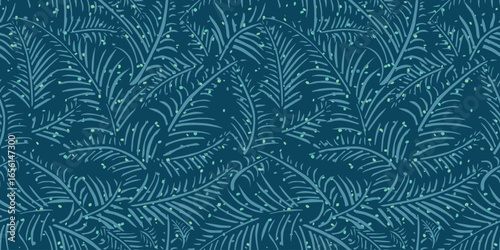 A seamless pattern of stylized green leaves on a deep teal background, with small dots adding texture and depth, print can use in dress, curtain and bed sheet
