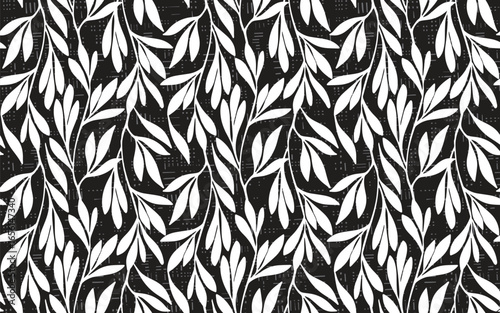 A seamless pattern of white leaves on a black background, with subtle textural elements adding depth to the design.