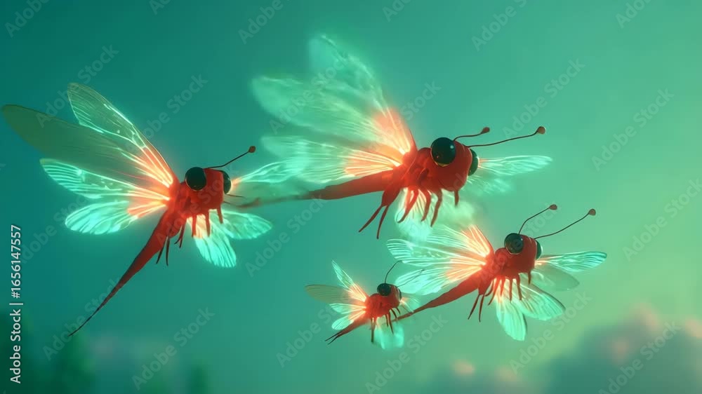 3D animated cartoon firefly family flying together in sync glowing brightly in mint green sky with looped lighting effects