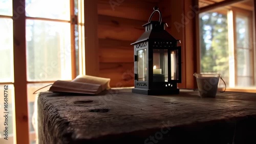 Old lamp and book on wooden table in cozy rustic cabin – seamless loop

