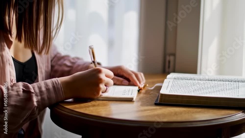 Female hands writing in notebook with book on table – seamless loop
