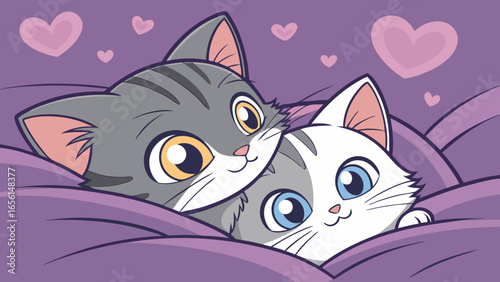 Adorable Cartoon Cats Snuggling Under a Purple Blanket with Hearts.