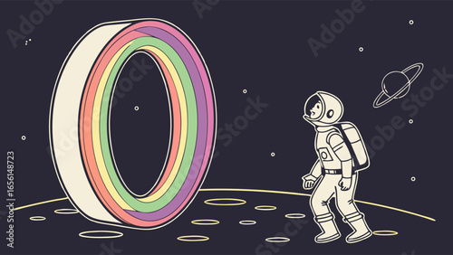 Astronaut Approaching a Colorful Circular Space Portal.