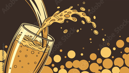 Beer Pouring into Glass with Splashing Foam.