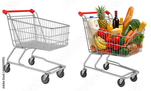 set of grocery cart on transparent background. cart full of products on transparent background. empty cart on transparent background