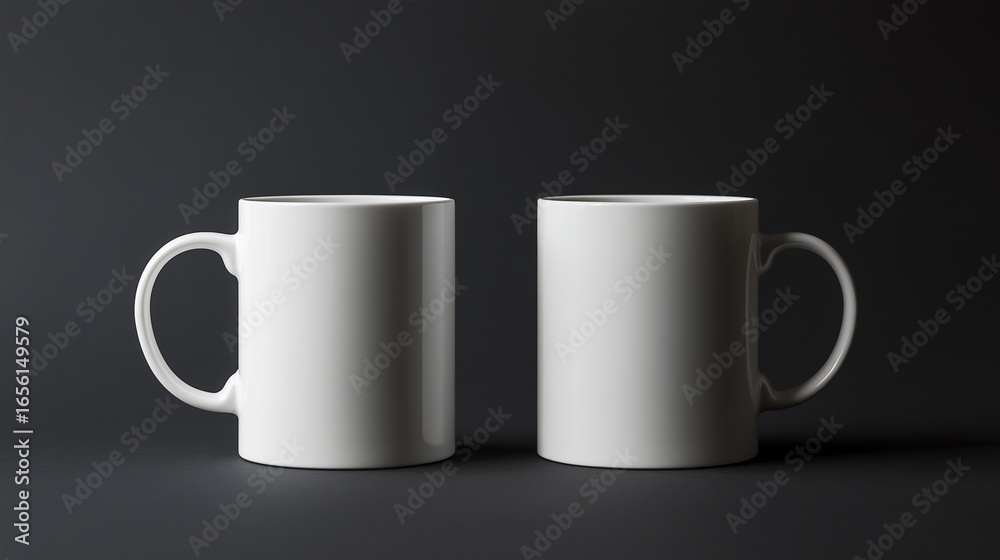Obraz premium Two empty white glasses on a black background. Mockup for design