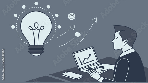 Businessman Working on Laptop with Idea Lightbulb.