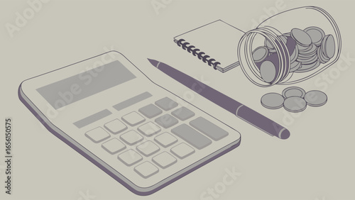 Calculator Coins in Jar Pen and Notepad Financial Planning Illustration.