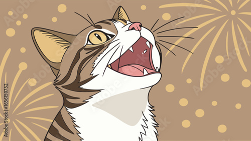 Cartoon Cat Looking Upward with Open Mouth and Sharp Teeth.