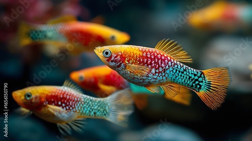 A dynamic group of colorful molly fish mid-swim against a beautiful blue aquatic background