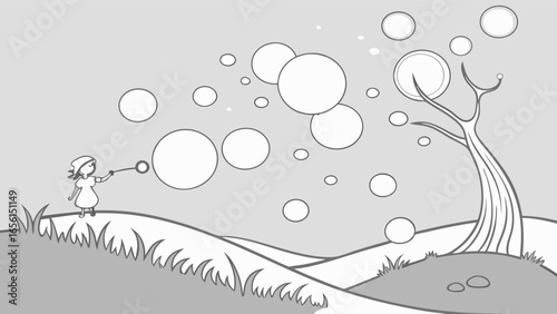 Cartoon Girl Blowing Bubbles in a Grayscale Landscape with a Tree.