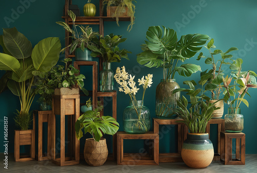 An assortment of indoor plants displayed on wooden stands against a teal colored wall backdrop indoors
