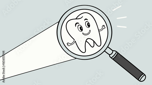 Cartoon Tooth Character Under Magnifying Glass for Dental Health.