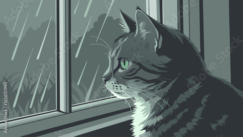 Cat Gazing Out Window on Rainy Day Illustration.