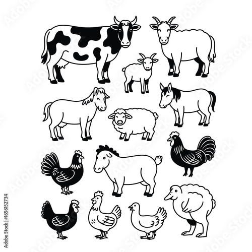 Black and white vector bundle of farm animals including cow, goat, sheep, horse, donkey, pig, hen, rooster, duck, turkey, and rabbit