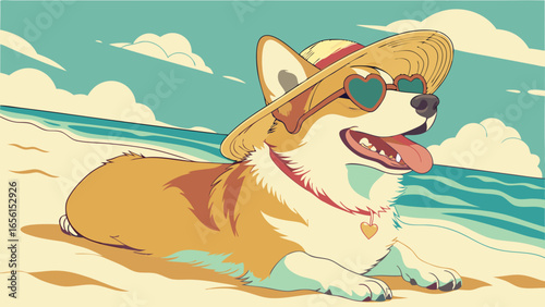 Corgi Dog Relaxing on Beach with Hat and Sunglasses.