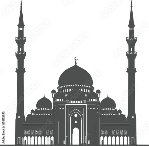 Islamic mosque silhouette vector illustration with domes and minarets religious architecture design element for worship and culture