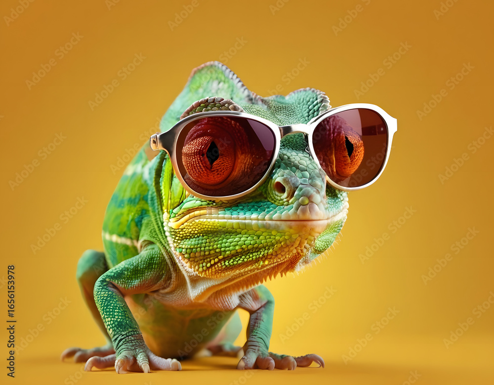 chameleon, chameleon wearing sunglasses on a solid color background, vector art, digital art, faceted, minimal, abstract, panorama background.* chameleon, chameleon wearing sunglasses on a solid color background, vector art, digital art, faceted, minimal, abstract, panorama background.*