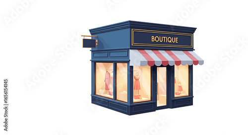 A boutique store with a blue facade and a red and white striped awning displaying clothes in the windows on transparent background