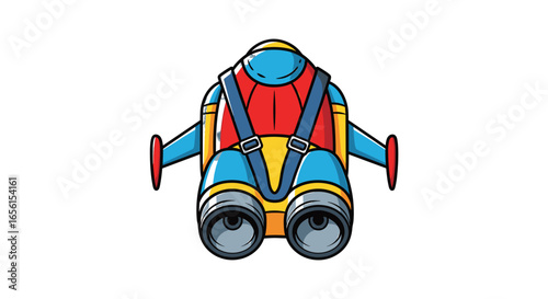 Illustration of a colorful jetpack with blue straps and side wings on a white background view from above on transparent background