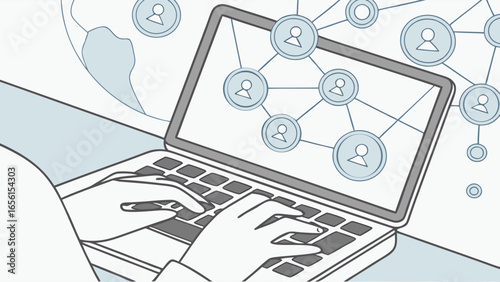 Illustration of a laptop displaying a social network with hands typing.
