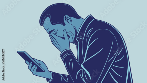 Depressed Man Crying While Looking at Phone.