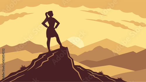 Determined Businesswoman on Mountain Peak Silhouette.