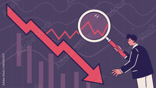 Downward Trend Analysis with Magnifying Glass and Businessman.