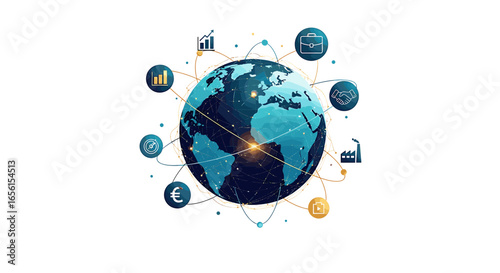Global business network with world globe connected to business icons and network connections visualized on transparent background
