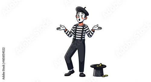 Illustration of a mime artist in striped shirt and black pants with a hat full of coins on the ground on transparent background