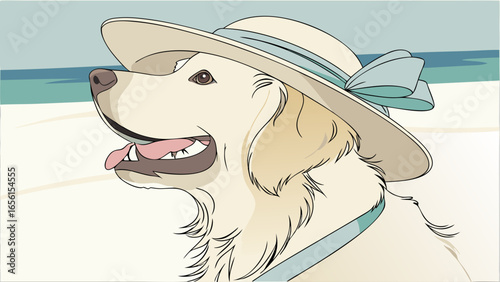 Elegant Golden Retriever Dog Wearing a Summer Hat.