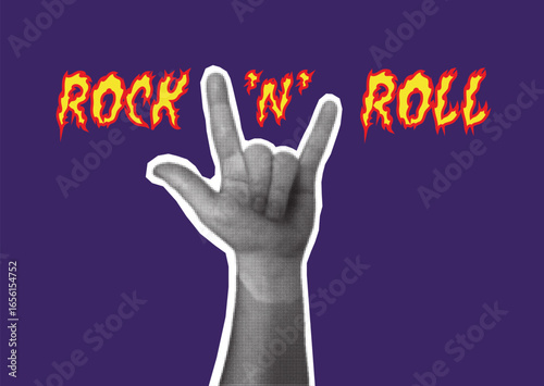 Rock music halftone element. 80s. 90s. Cut out hand emoji gestures collection. Hand sign grunge punk dotted sticker. Modern retro vector Rock and roll music illustration