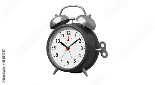 Illustration of a gray alarm clock with bells and a wind up key on a white background showing time on transparent background