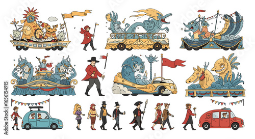 Illustration of a parade featuring floats with fantastical creatures and people in vintage attire on the street on transparent background