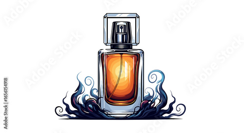 Illustration of a square perfume bottle with orange liquid and dark blue swirling smoke design around it on transparent background
