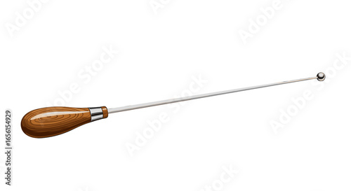 Illustration of a laryngeal mirror with a wooden handle and a small round mirror at the end of a long shaft on transparent background