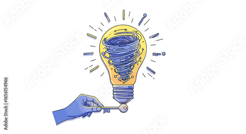 Hand turning a key to activate a lightbulb with a tornado inside, representing a powerful idea generation on transparent background