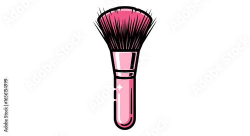 Illustration of a pink makeup brush with black bristles and a sparkling accent isolated on white background on transparent background