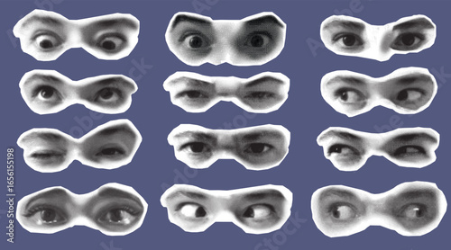 Halftone eyes in different emotions anger, love, shock, disappointment. Surreal Black and White Collage of Eyes isolated on blue background