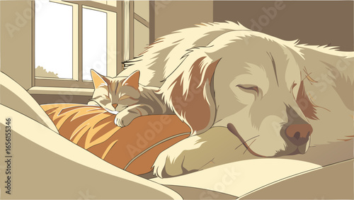 Golden Retriever and Tabby Cat Sleeping Together Peacefully.