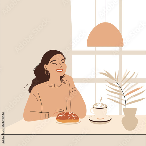 Young woman smiling while enjoying coffee and pastry at home  