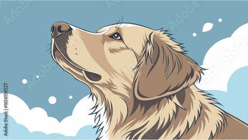 Golden Retriever Dog Looking Upward in Illustration.