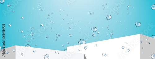 White podium water bubble blue background underwater clean fresh minimal modern abstract floating